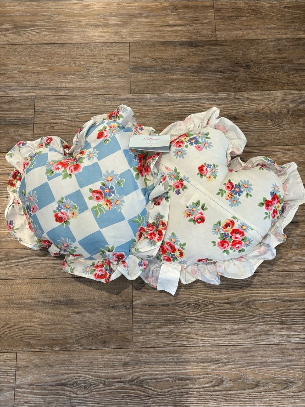 NWT 2 Cath Kidston Floral Heart Shaped Ruffle Pillows Blue and White